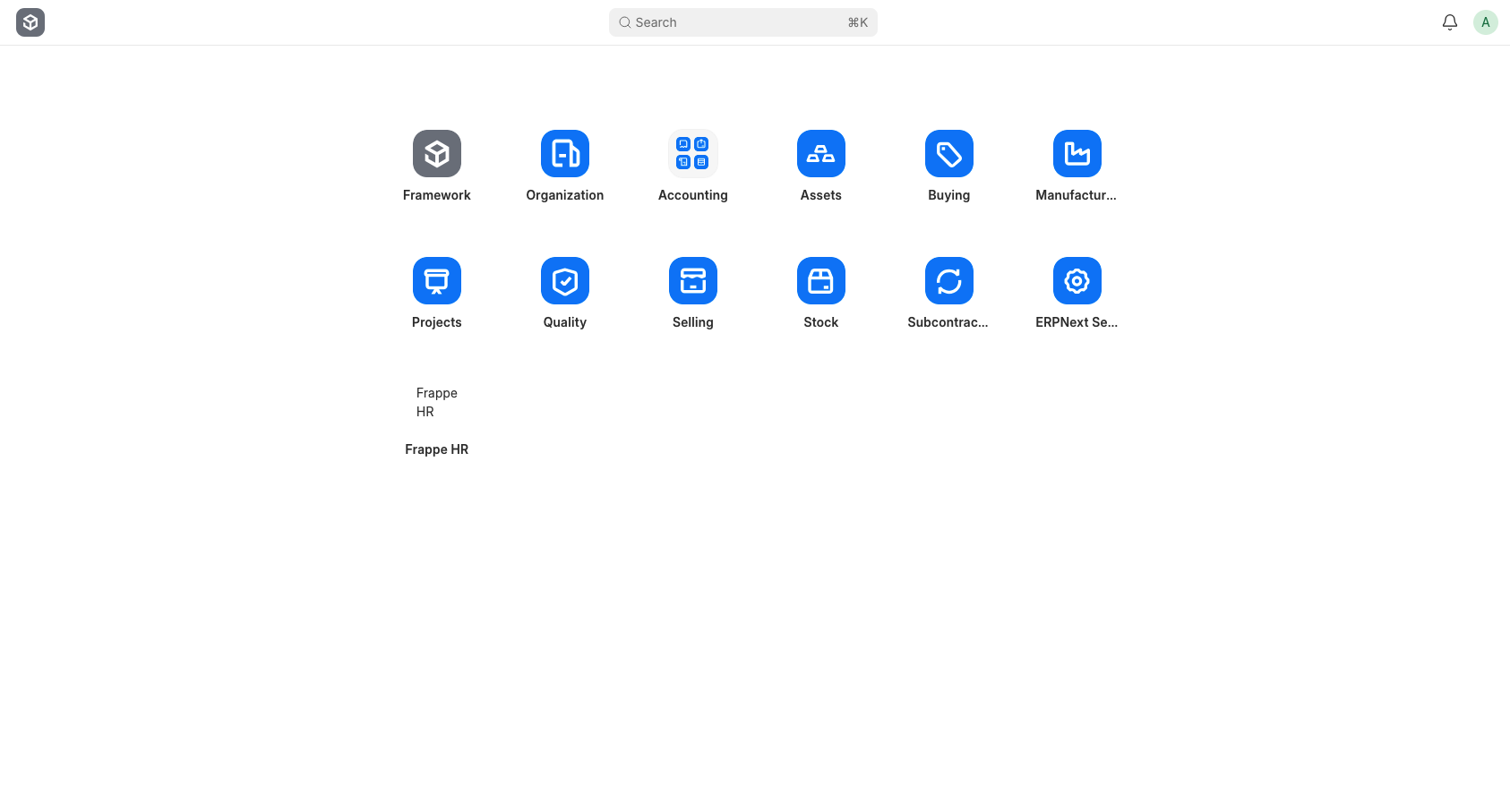 ERPNext workspace showing Gretis business modules including accounting, assets, buying, manufacturing, projects, quality, selling, stock, and HR
