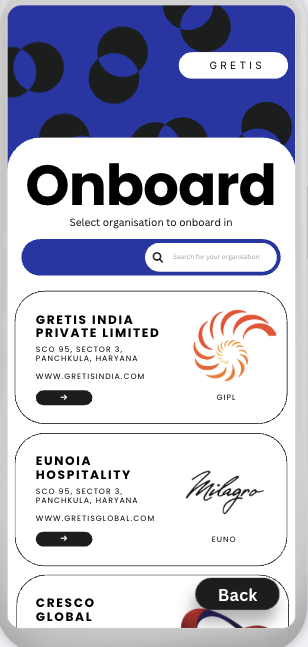 Gretis ESS organisation onboarding screen