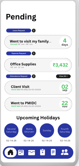 Gretis ESS pending requests and upcoming holidays screen