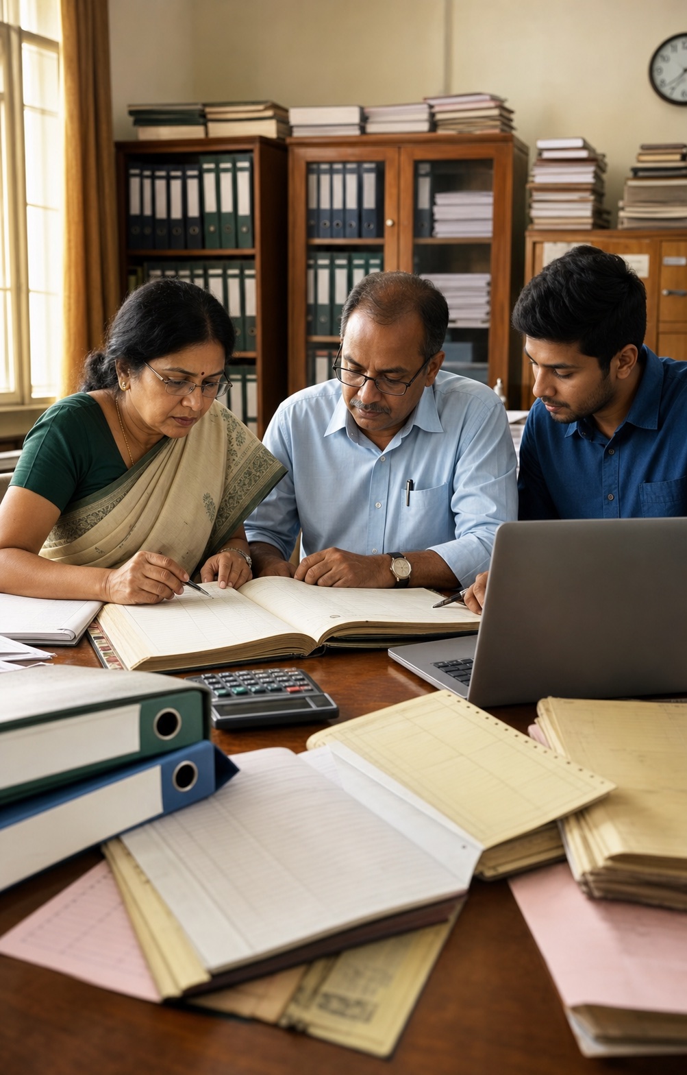 Experienced Indian payroll professionals reviewing historical records with a technology colleague